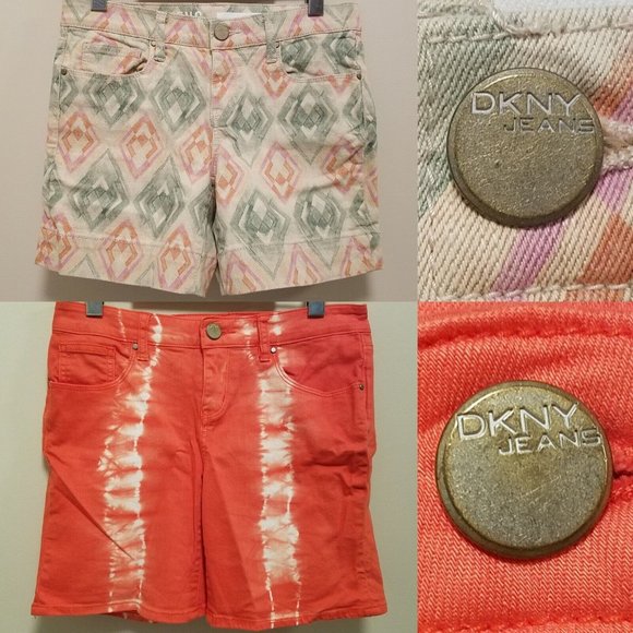DKNY Jeans Shorts Size 4 Tie Dye City Boyfriend Orange Green Diamond Argyle - Picture 1 of 14